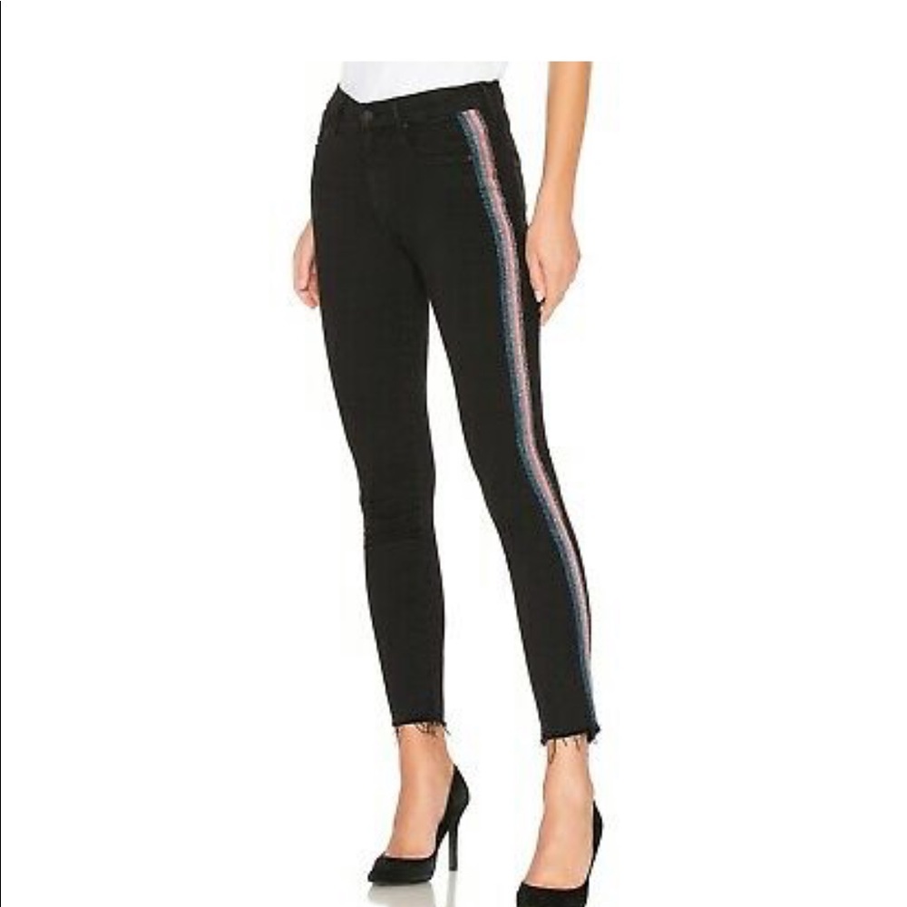 MOTHER Black Straight Leg Jeans with Striped Detail